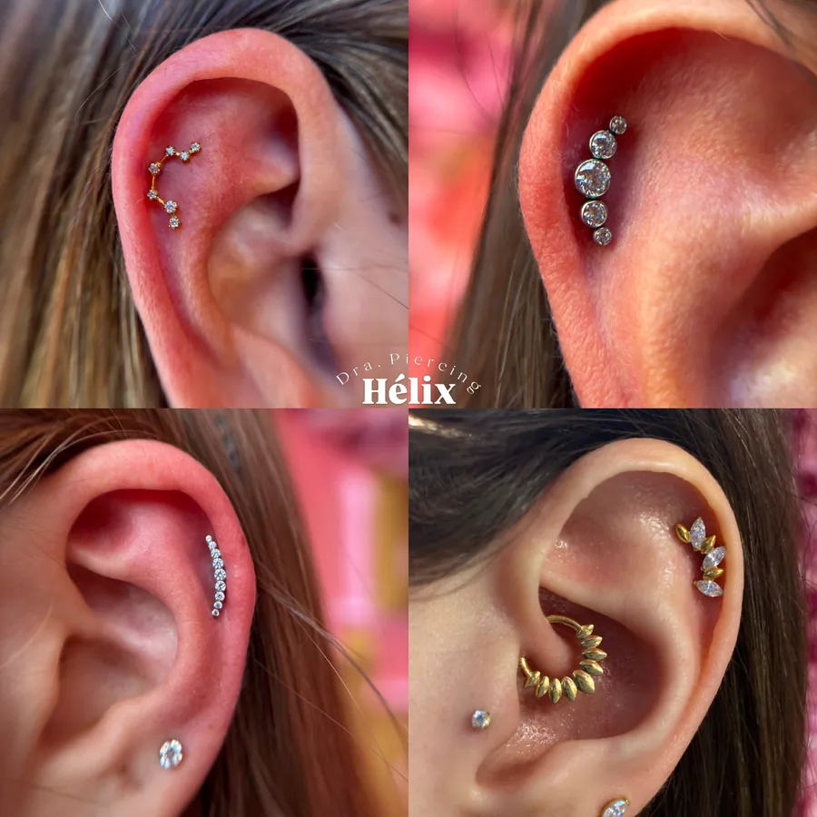 Quatro exemplos de piercing hélix com jóias diferentes